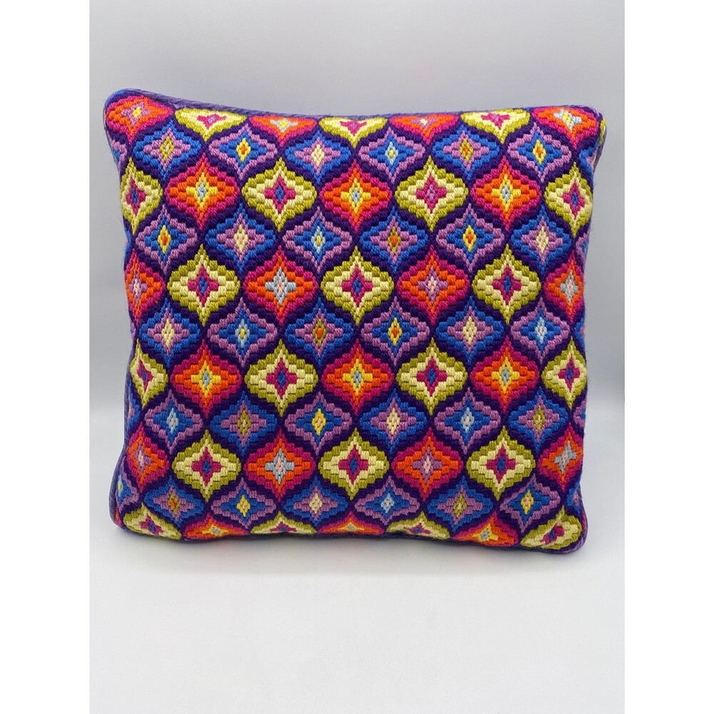 Bargello Needlepoint Pillow Vintage Groovy Throw Pillow w Purple Velvet Backside